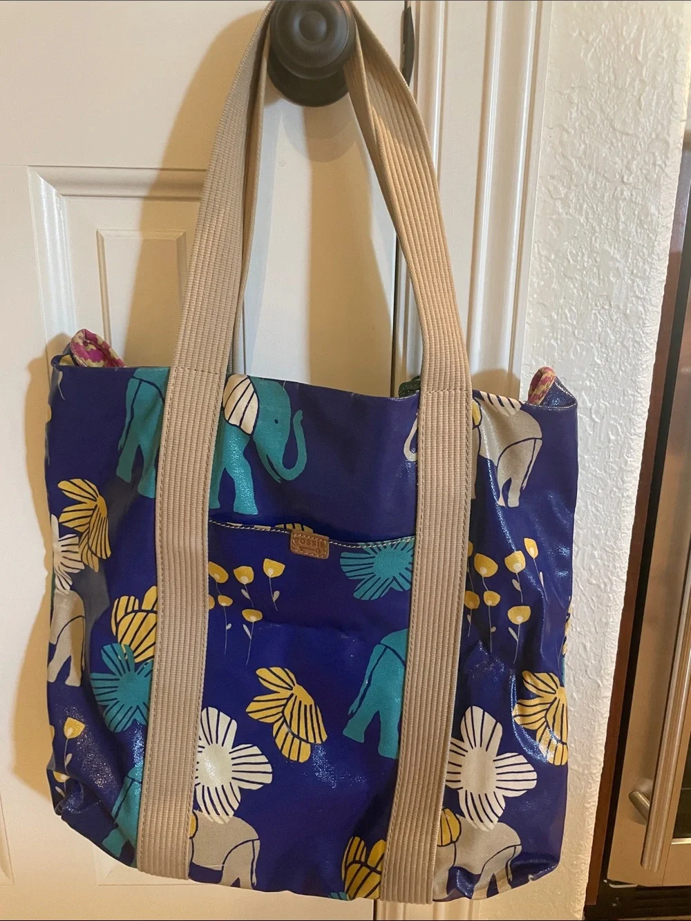 Fossil Blue Multicolor Elephant Print Tote